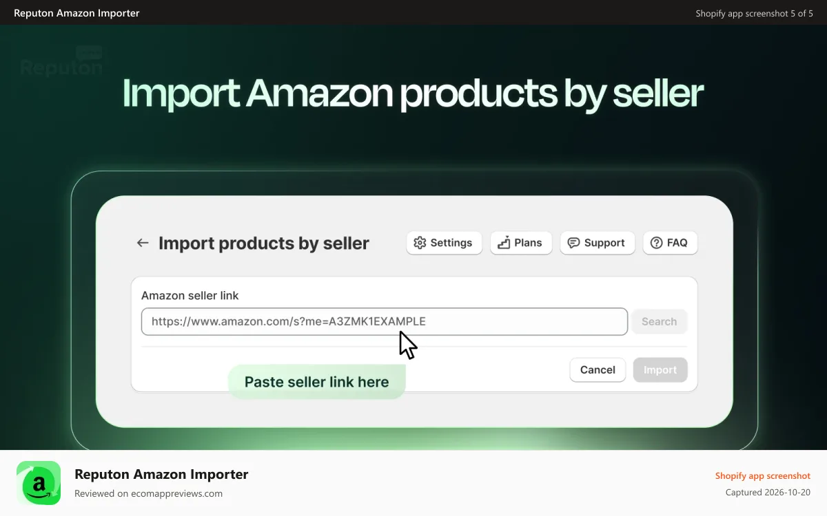 Reputon Amazon Importer Shopify app screenshot: Import Amazon products by seller