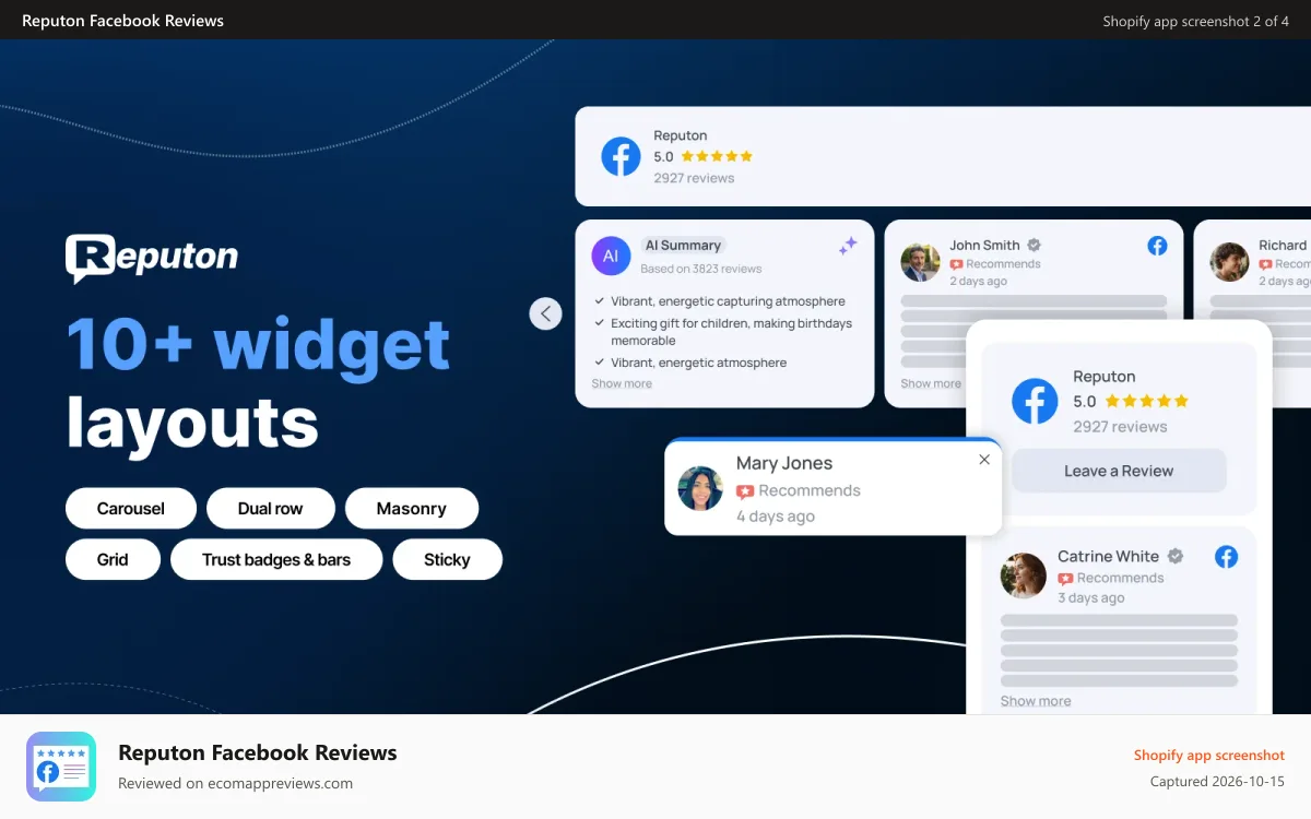 Reputon Facebook Reviews Shopify app screenshot: Shopify Facebook reviews widget settings