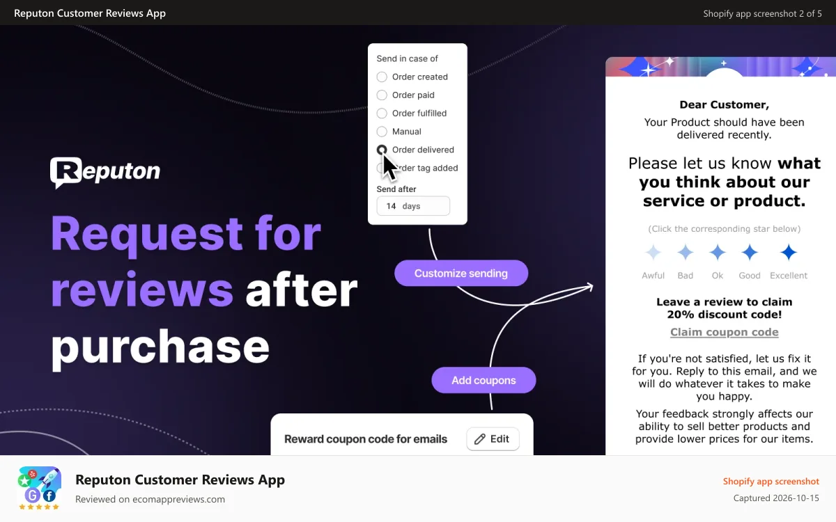 Reputon Customer Reviews App Shopify app screenshot: Reputon Shopify reviews