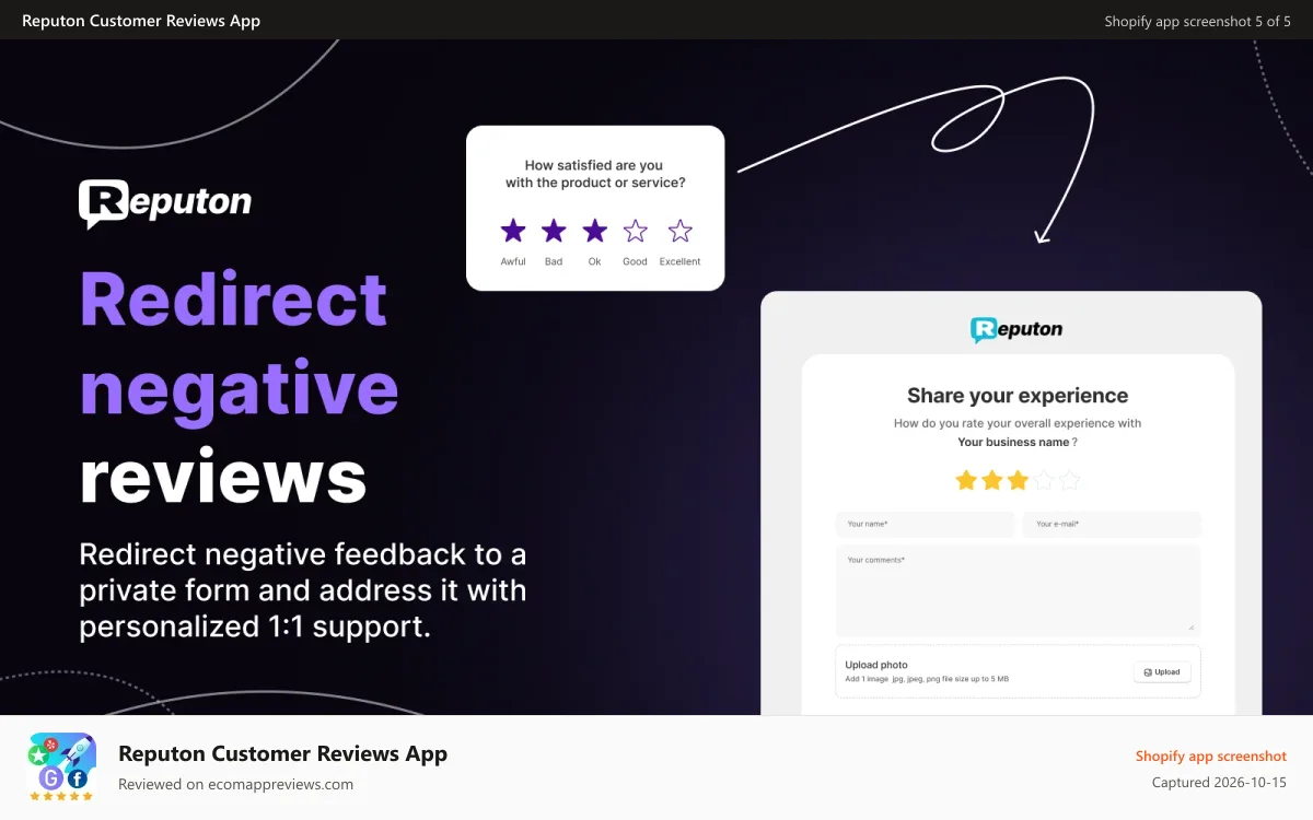 Reputon Customer Reviews App Shopify app screenshot: customer reviews redirect negative feedback