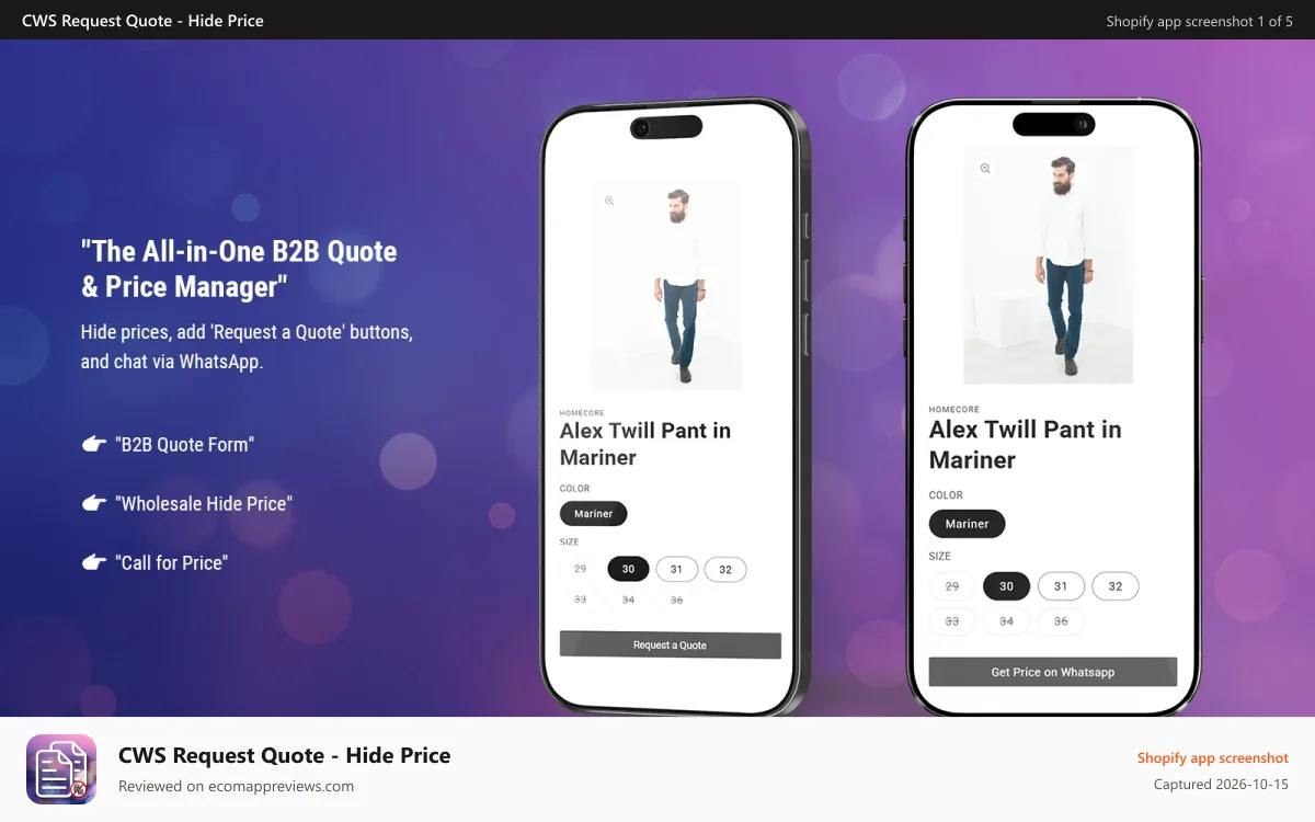 CWS Request Quote ‑ Hide Price Shopify app screenshot: Request a Quote - Hide Price