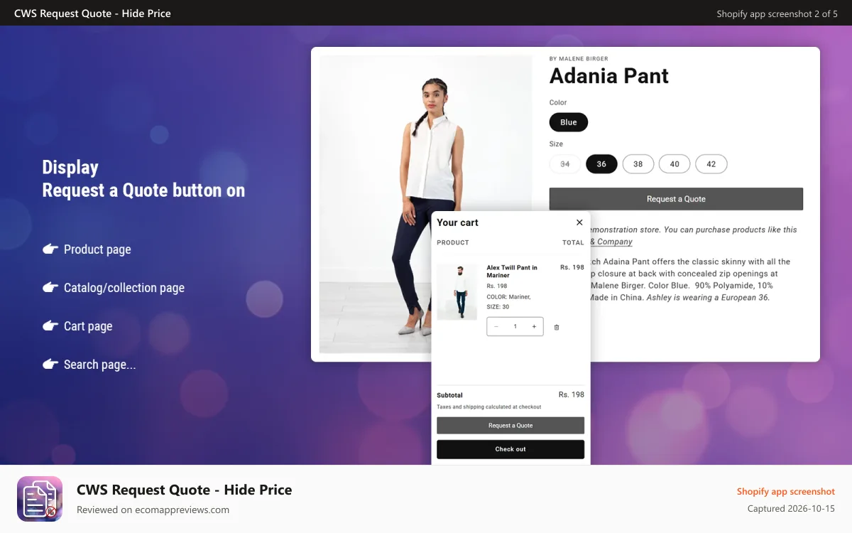 CWS Request Quote ‑ Hide Price Shopify app screenshot: Request a Quote - Hide Price