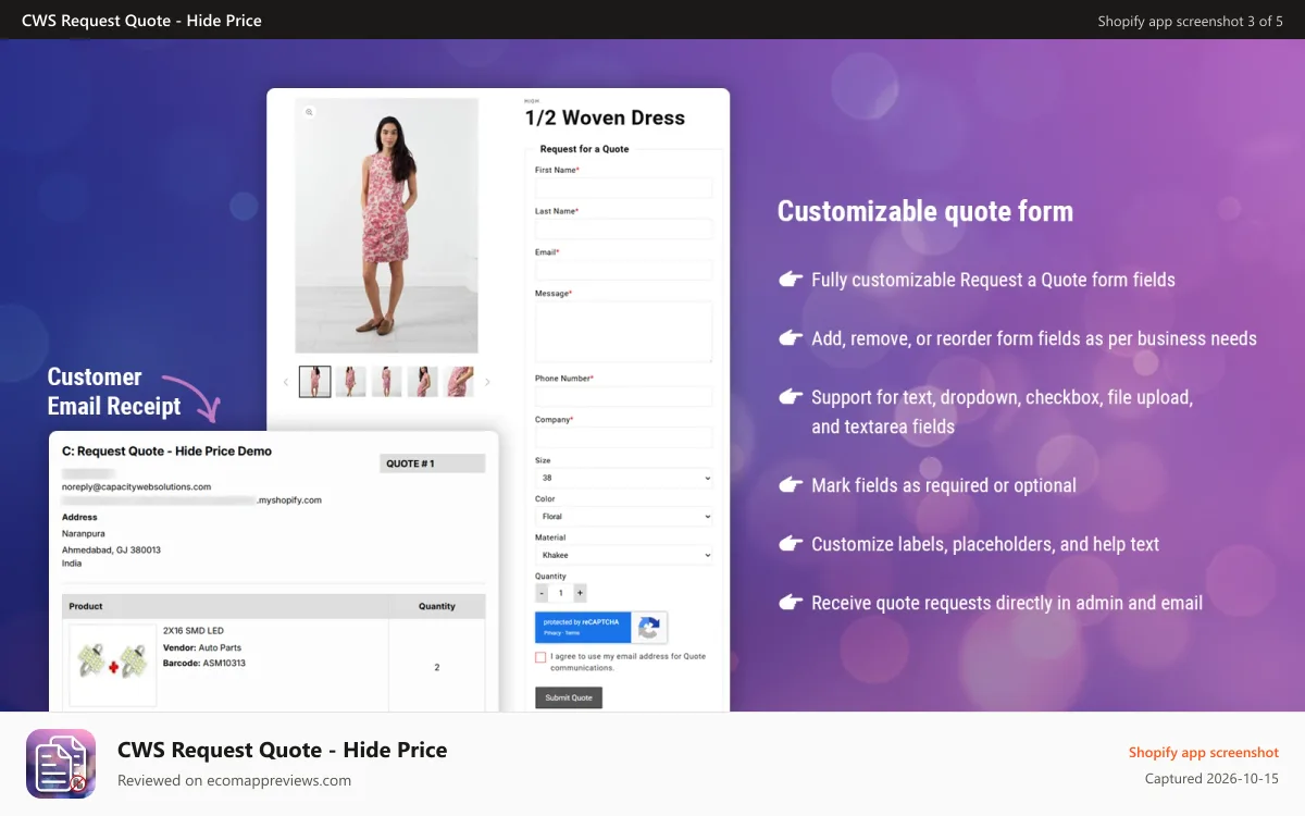 CWS Request Quote ‑ Hide Price Shopify app screenshot: Customizable Quote Form and Email