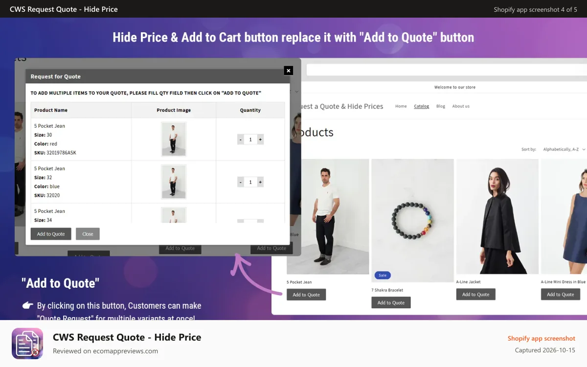 CWS Request Quote ‑ Hide Price Shopify app screenshot: Add to Quote - Hide Add to Cart - Hide Price