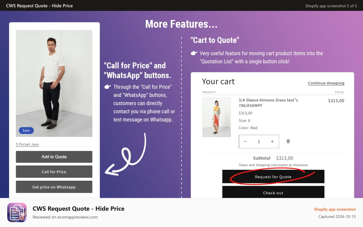 CWS Request Quote ‑ Hide Price Shopify app screenshot: Call for Price or WhatsApp for Price - Hide Price