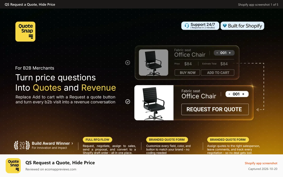 QS Request a Quote, Hide Price Shopify app screenshot: quote snap hide price on all page by contact form b2b