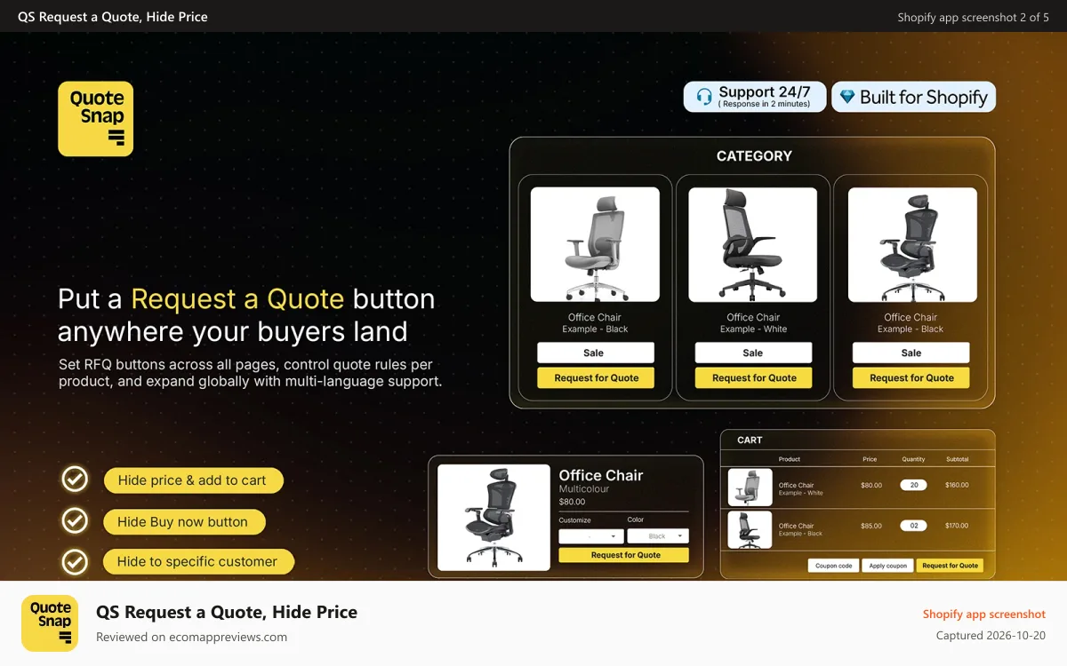 QS Request a Quote, Hide Price Shopify app screenshot: quote snap request a quote button, get quote on all page b2b