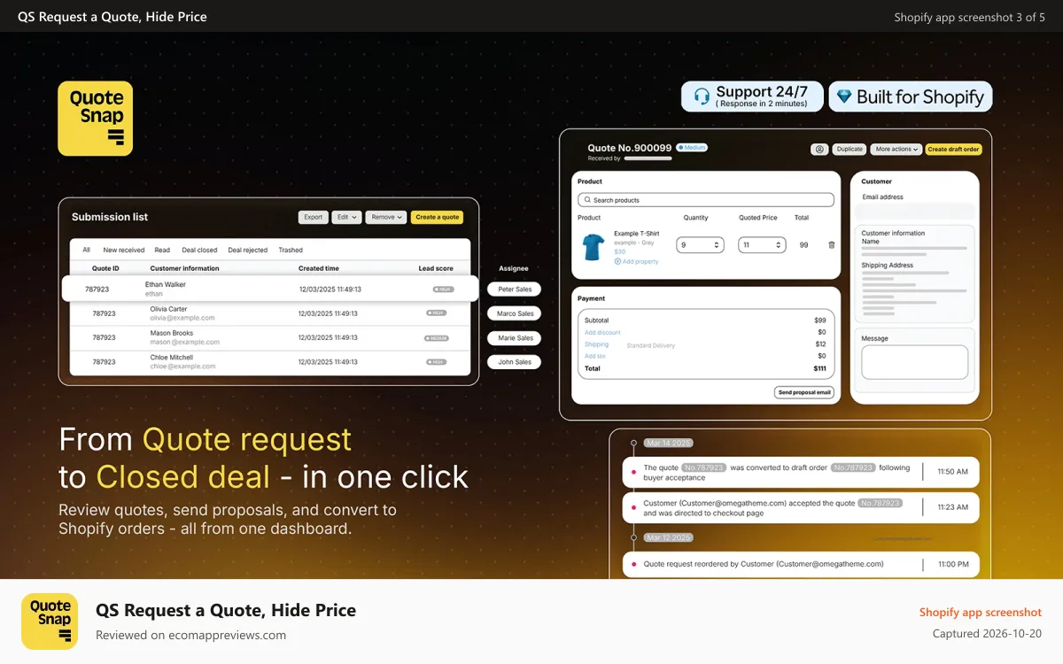 QS Request a Quote, Hide Price Shopify app screenshot: quote snap customize request quote form to get quote b2b