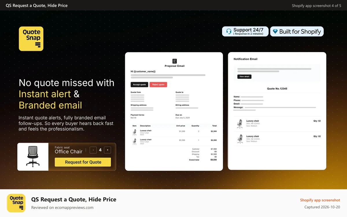 QS Request a Quote, Hide Price Shopify app screenshot: quote snap email notification auto responder b2b