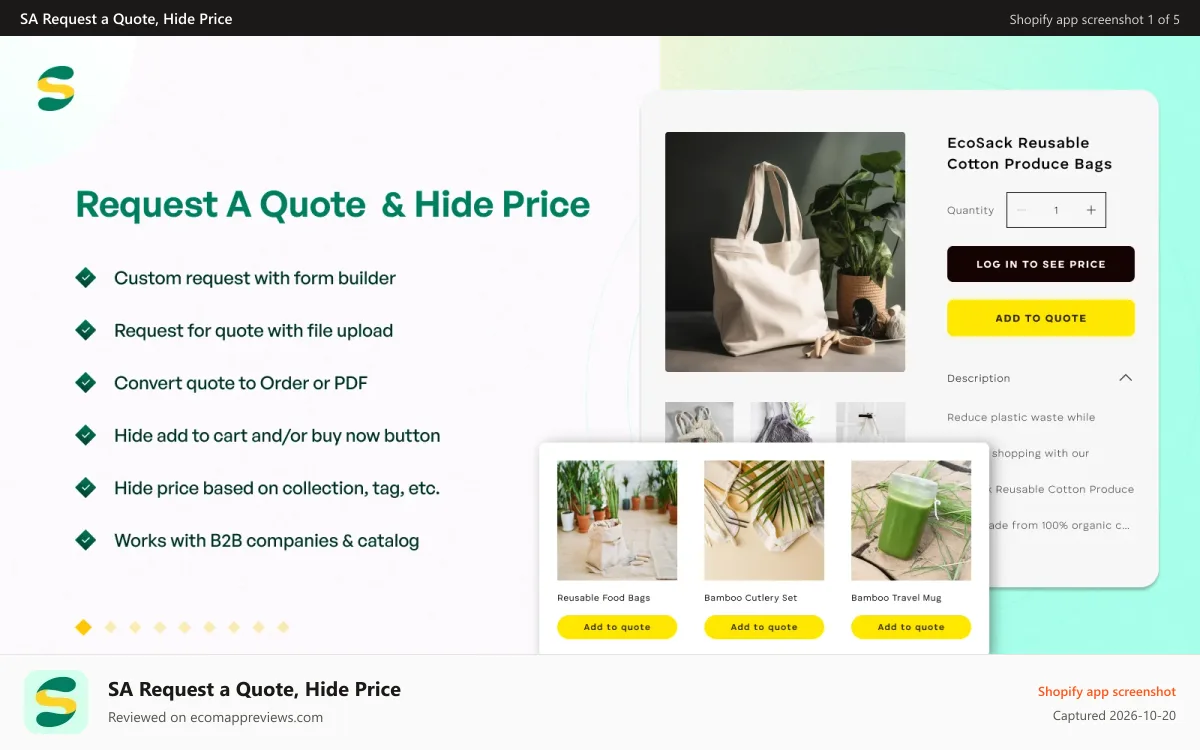 SA Request a Quote, Hide Price Shopify app screenshot: Shopify Request a Quote, Hide Price