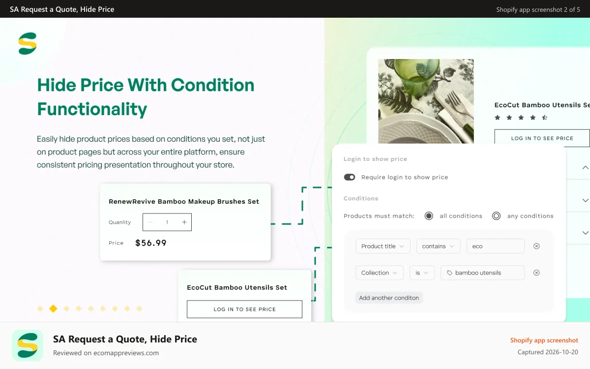 SA Request a Quote, Hide Price Shopify app screenshot: Hide the product price with the conditions you want