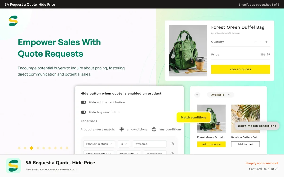 SA Request a Quote, Hide Price Shopify app screenshot: Hide the "add to cart" button and replace it with quote requests