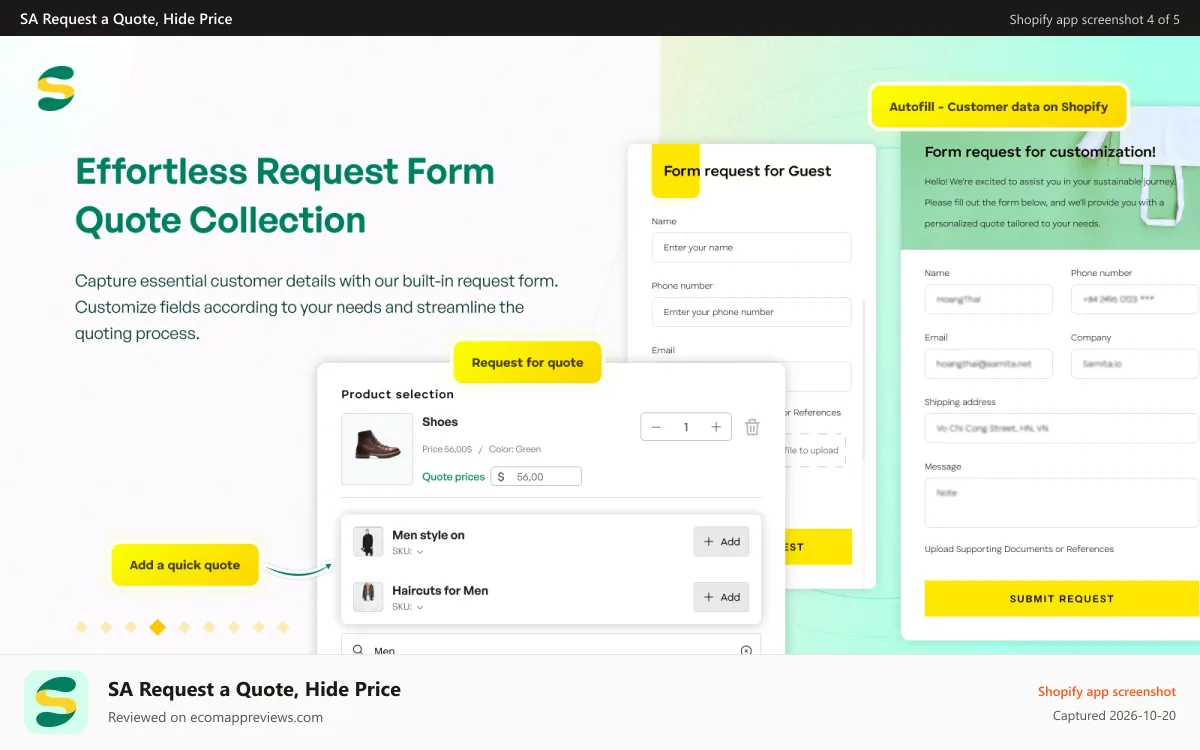 SA Request a Quote, Hide Price Shopify app screenshot: Customize quote form and streamline the quoting process