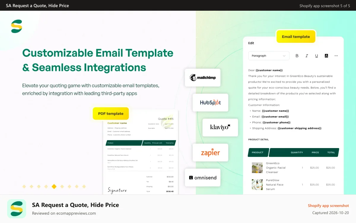 SA Request a Quote, Hide Price Shopify app screenshot: Customize email template and integrate third-party apps