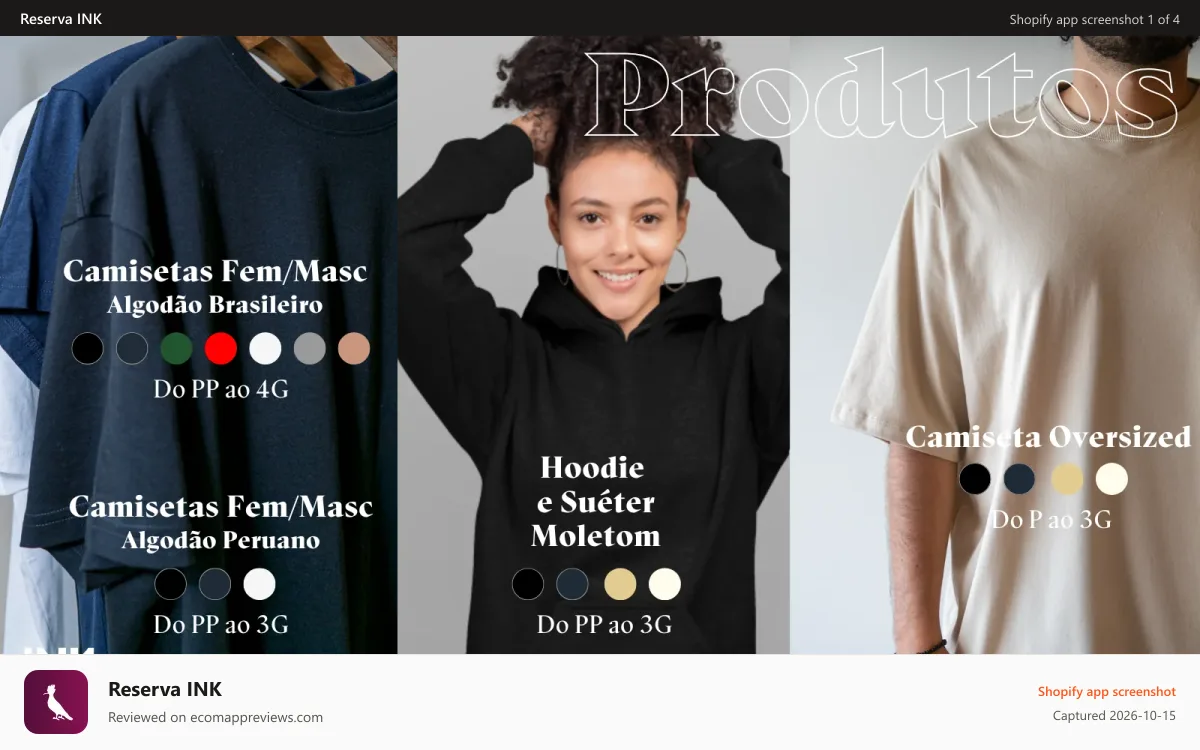 Reserva INK Shopify app screenshot: Crie produtos personalizados com qualidade Reserva