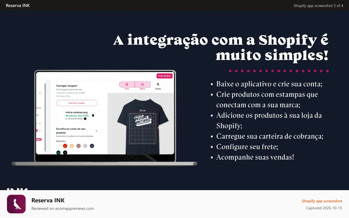 Reserva INK Shopify app screenshot: Integre em poucos passos