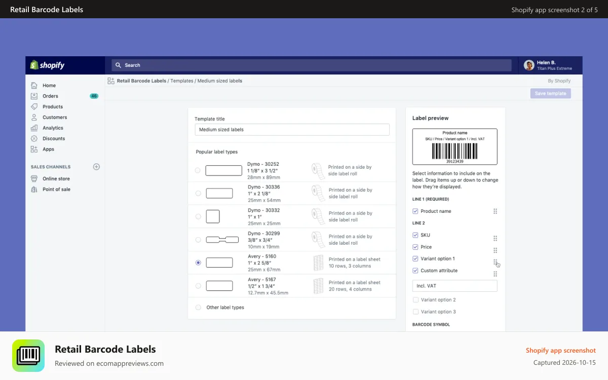 Retail Barcode Labels Shopify app screenshot: Barcode label templates