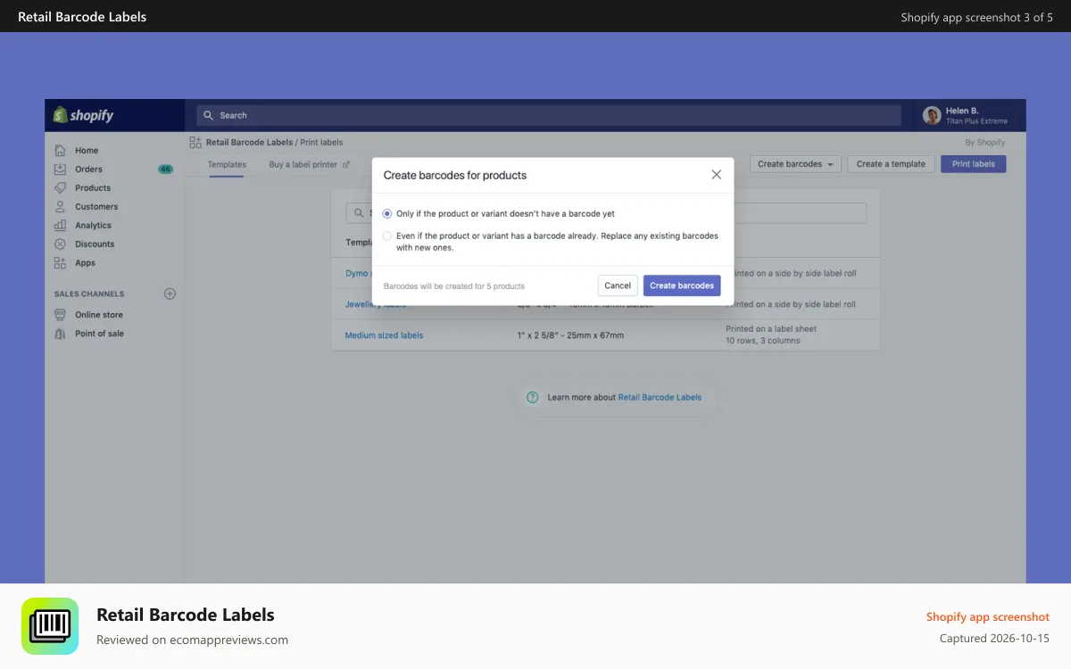 Retail Barcode Labels Shopify app screenshot: Create barcodes