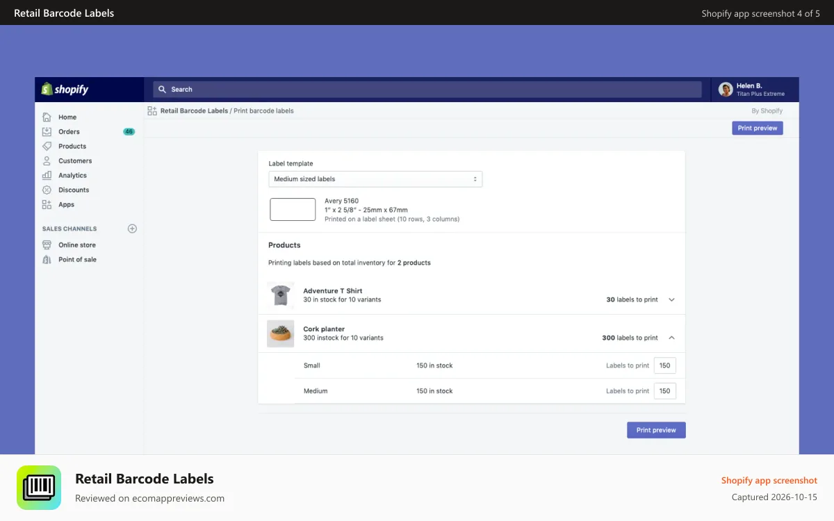 Retail Barcode Labels Shopify app screenshot: Print labels