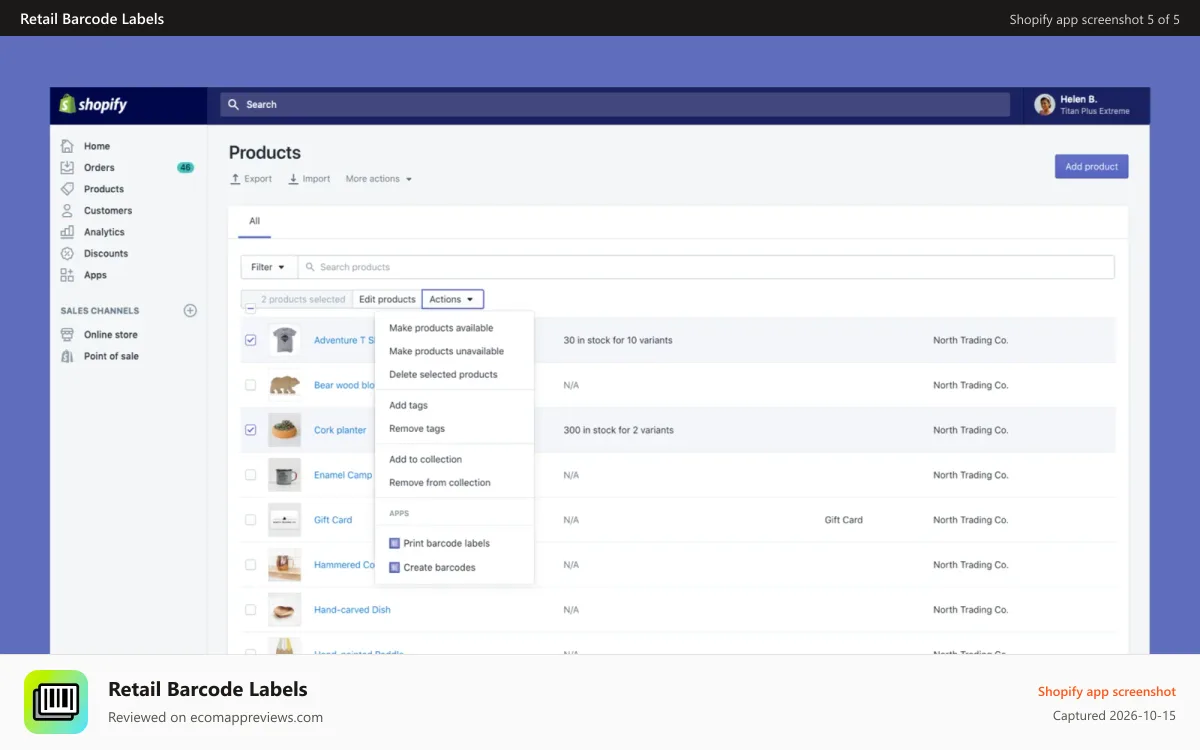 Retail Barcode Labels Shopify app screenshot: Bulk actions