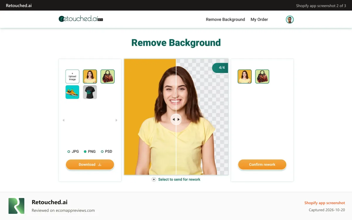 Retouched.ai Shopify app screenshot: My Orders Table View