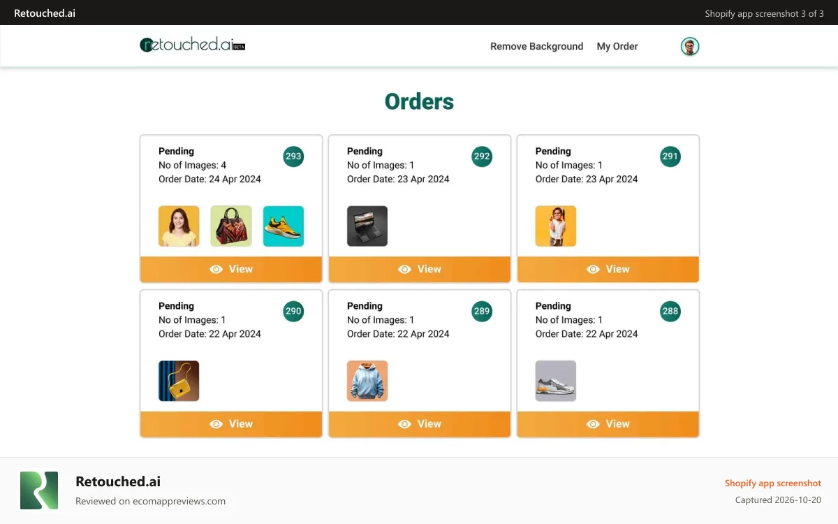 Retouched.ai Shopify app screenshot: My Packages