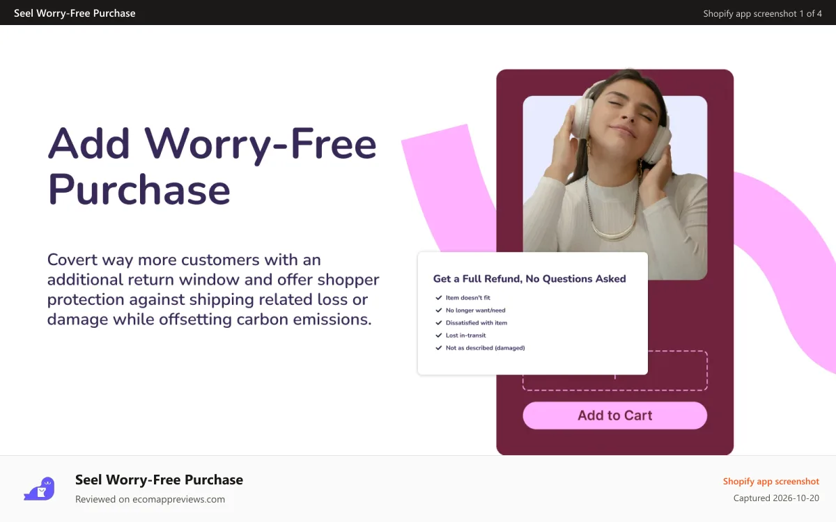 Seel Worry‑Free Purchase Shopify app screenshot: Protection widget