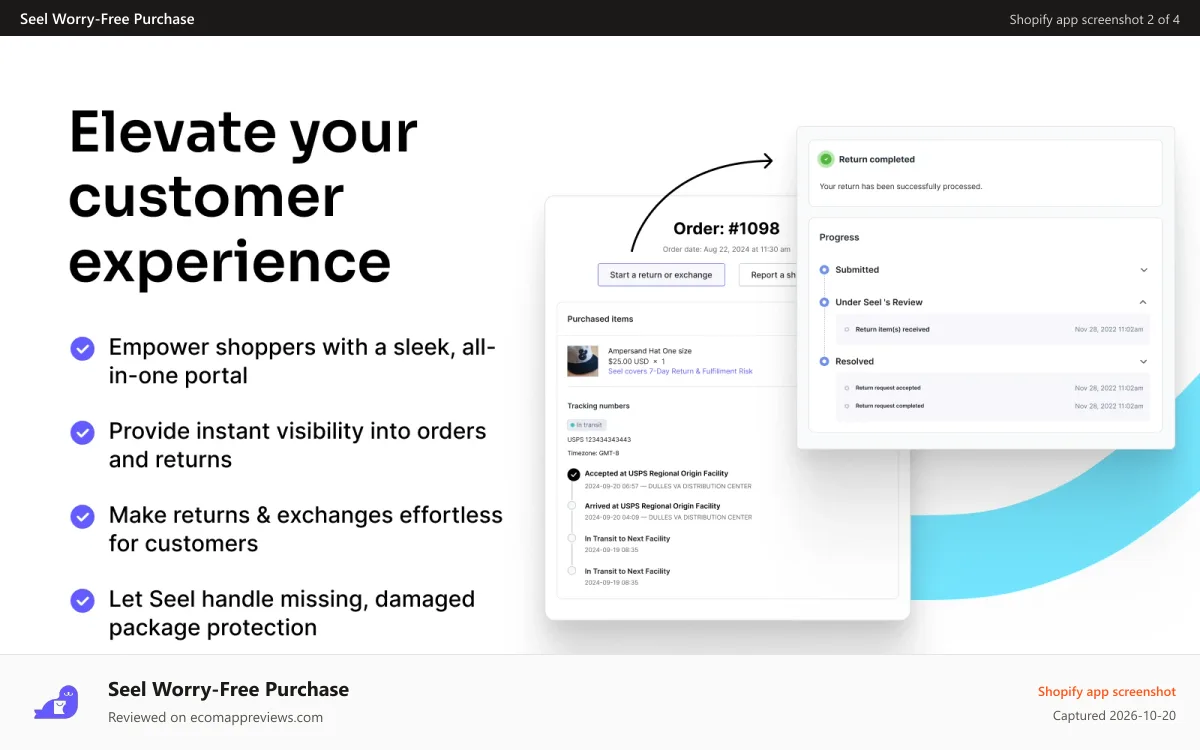 Seel Worry‑Free Purchase Shopify app screenshot: Customer portal