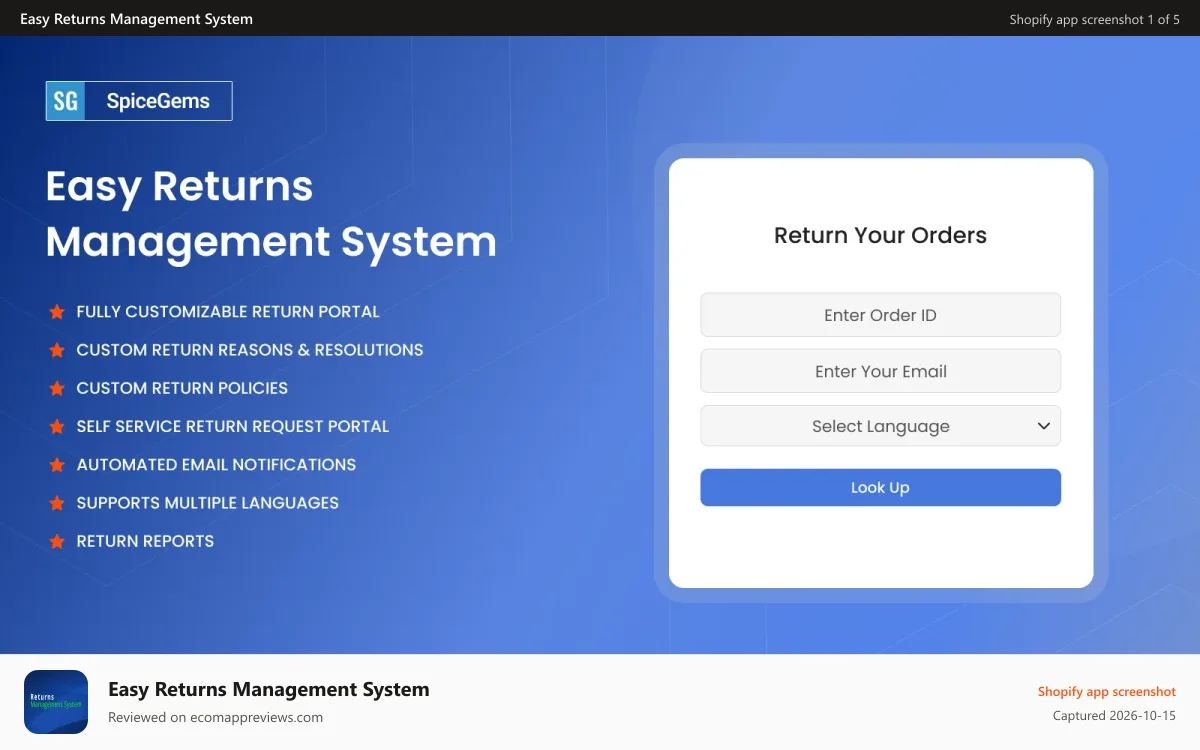 Easy Returns Management System Shopify app screenshot: RMS