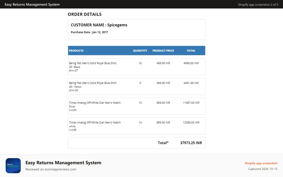 Easy Returns Management System Shopify app screenshot: Customer Return Creation Screen - Shopify