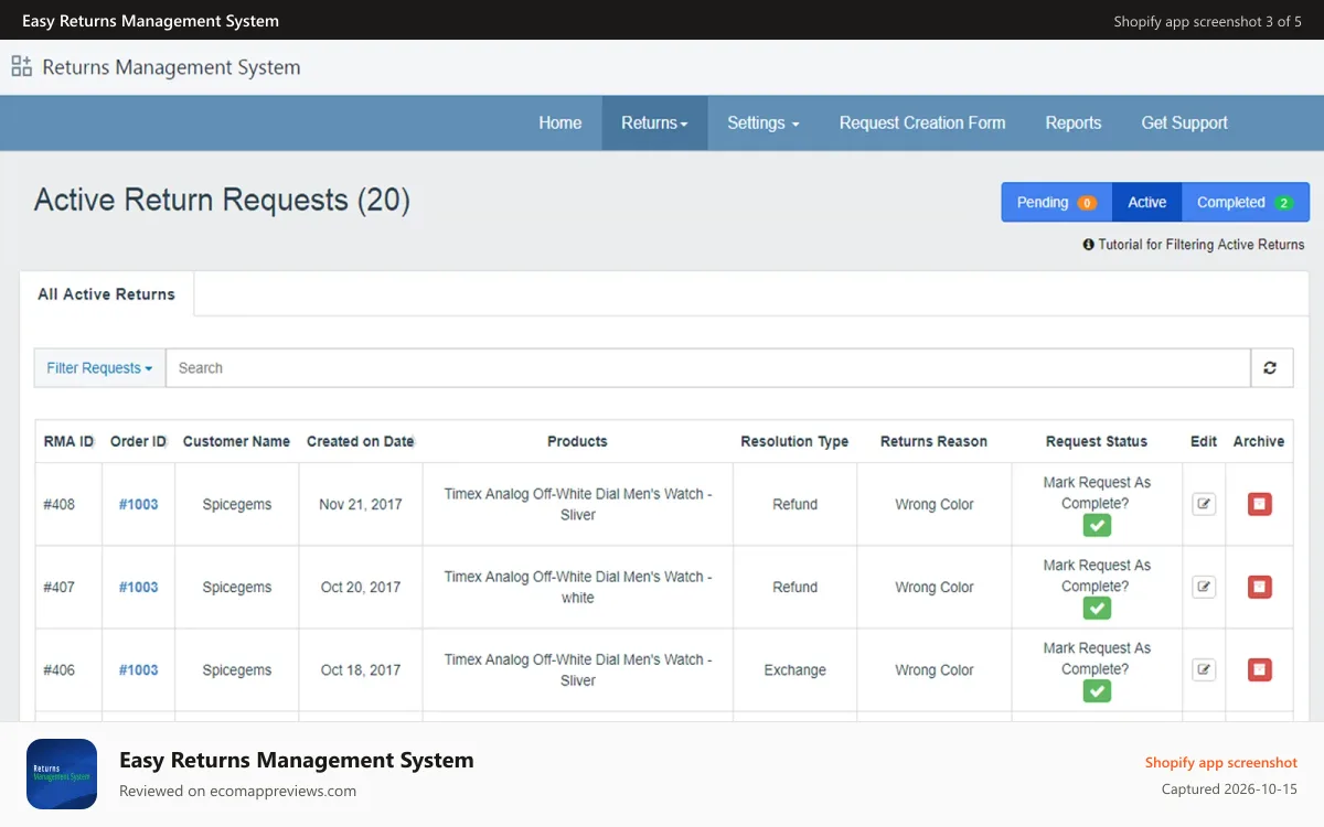 Easy Returns Management System Shopify app screenshot: List of Return Admin Panel - Shopify