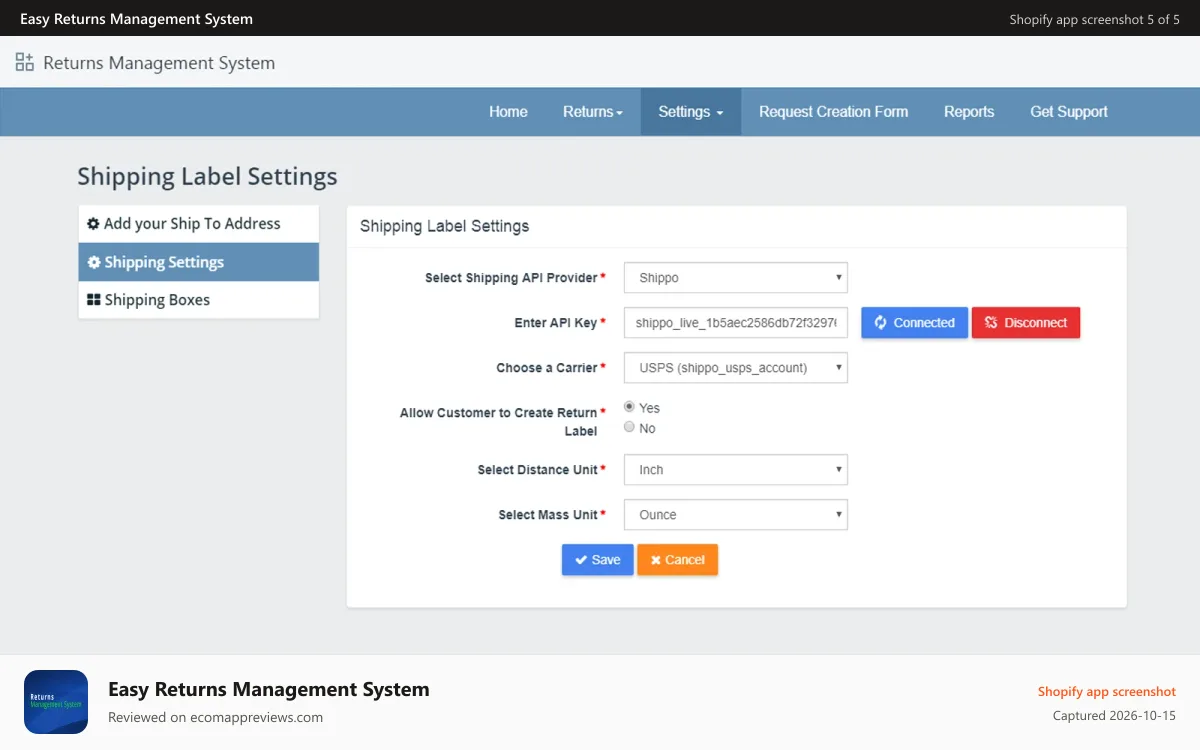 Easy Returns Management System Shopify app screenshot: Shipping Label Setting - Shippo Shopify
