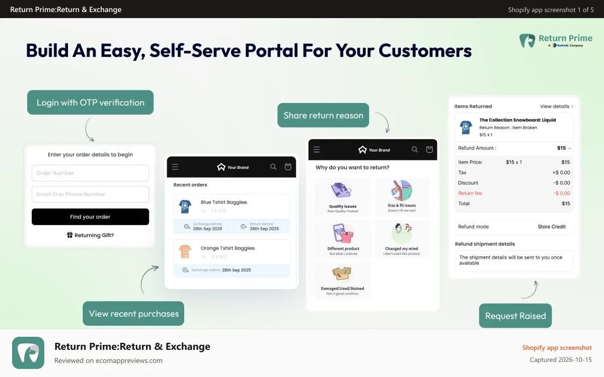 Return Prime:Return & Exchange Shopify app screenshot: Easy Return Portal