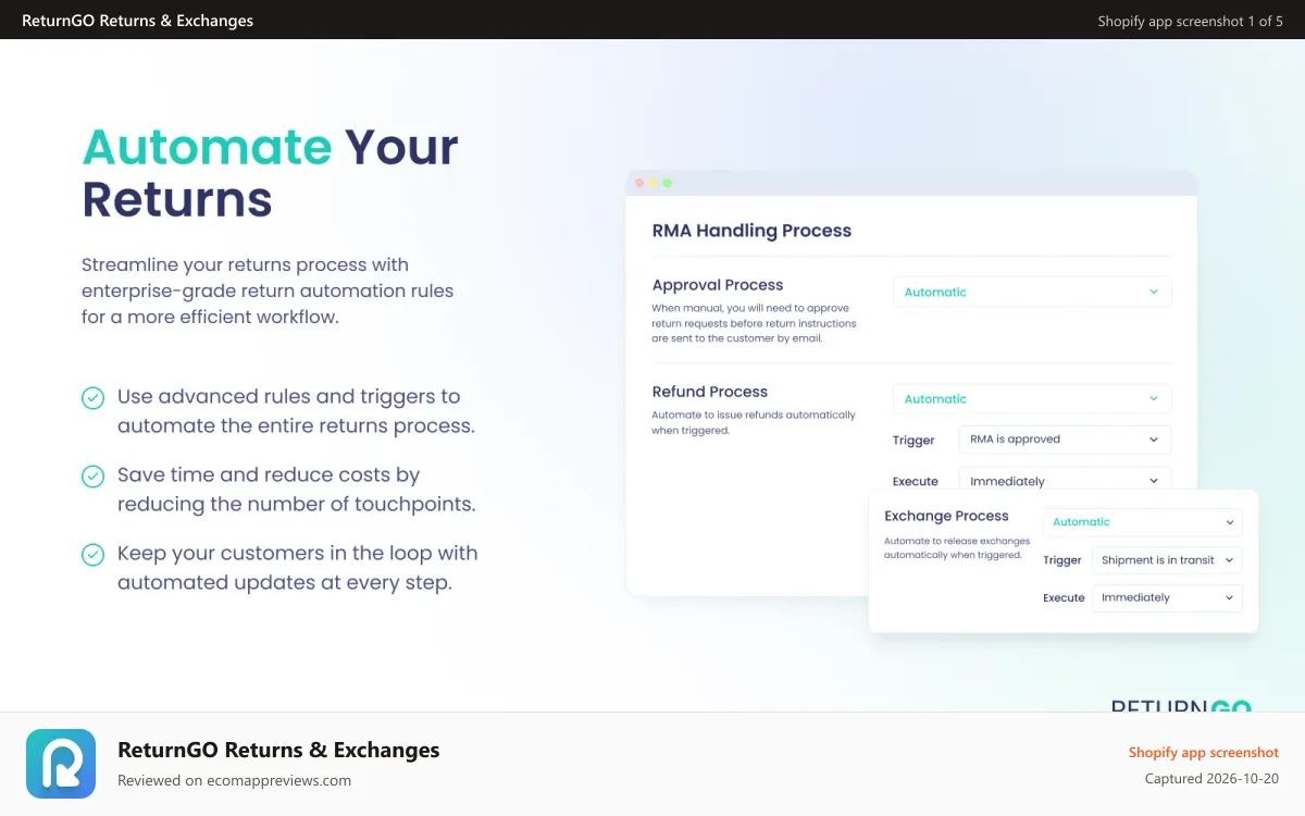 ReturnGO Returns & Exchanges Shopify app screenshot: Streamline the post-purchase experience