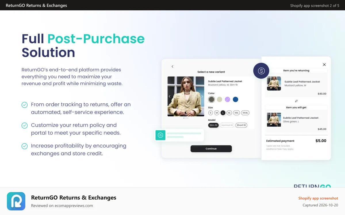 ReturnGO Returns & Exchanges Shopify app screenshot: Offer bonus store credit on a return portal