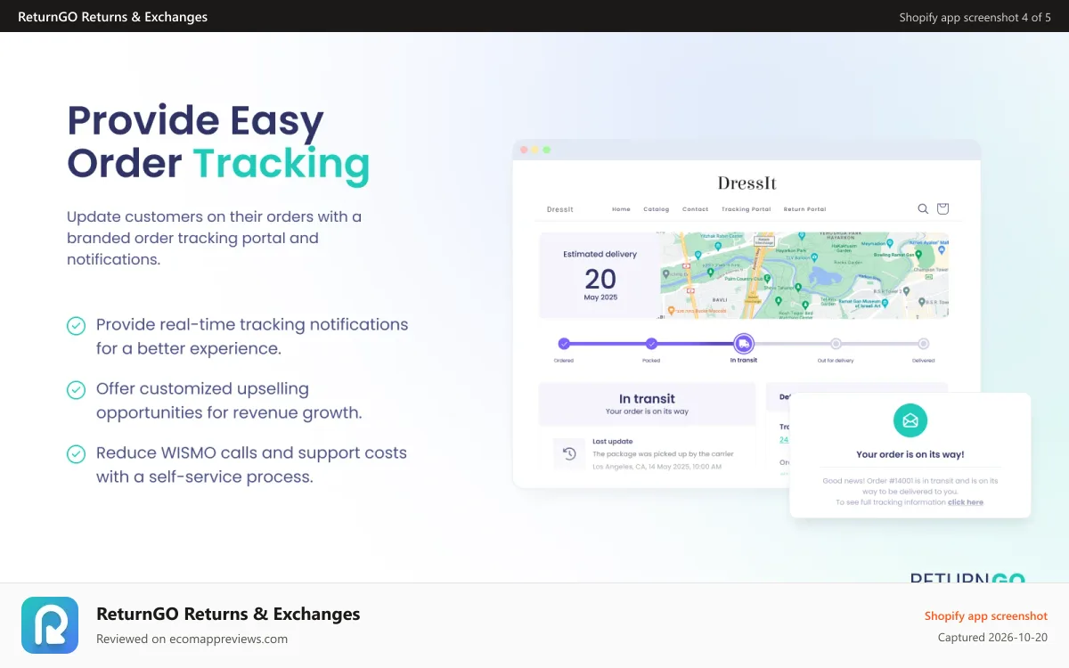 ReturnGO Returns & Exchanges Shopify app screenshot: Order tracking portal and notifications