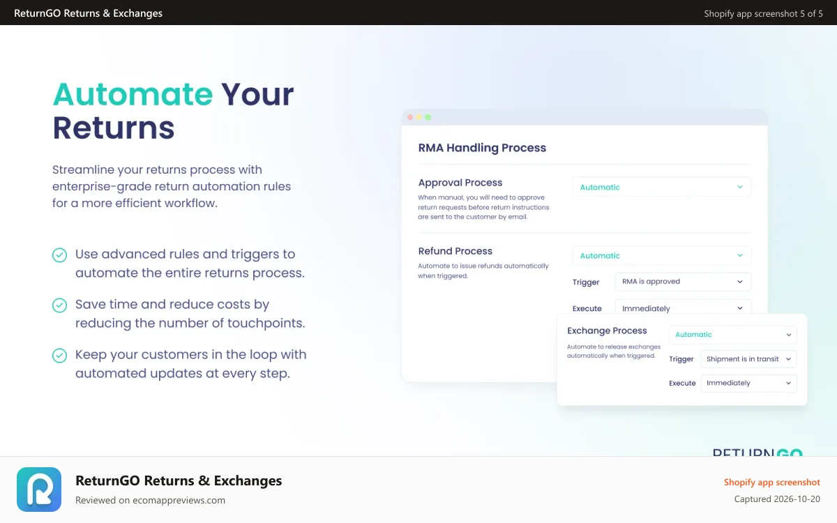ReturnGO Returns & Exchanges Shopify app screenshot: Automate the returns and exchanges process