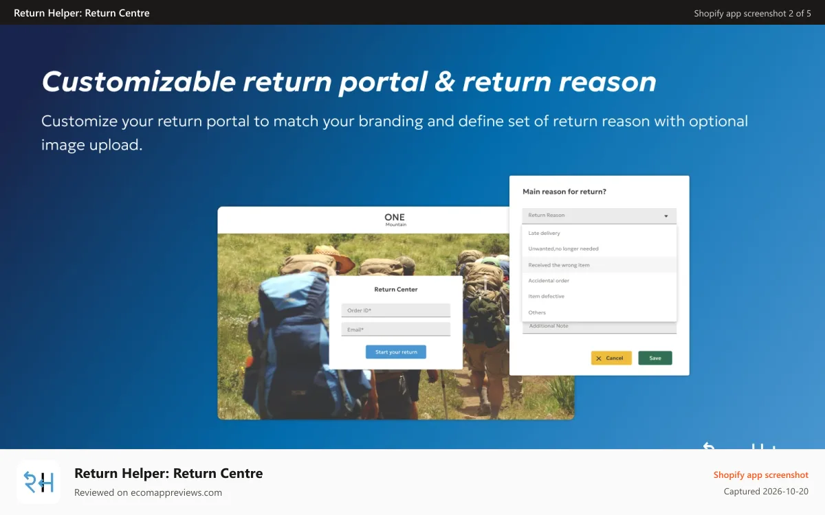 Return Helper: Return Centre Shopify app screenshot: Self service customize return portal ＆customize return reason