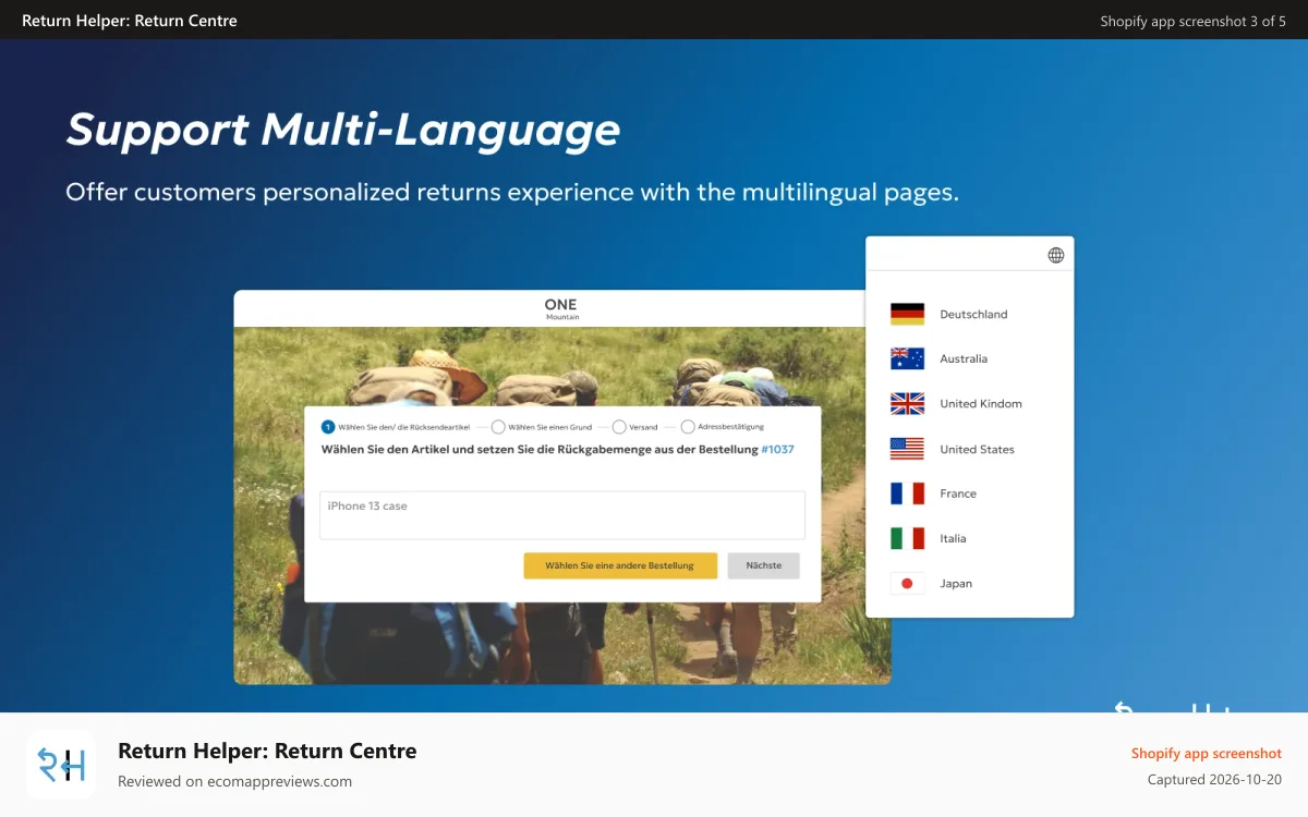 Return Helper: Return Centre Shopify app screenshot: Shopify return portal support multi-language