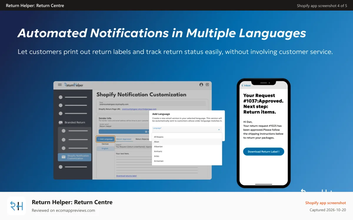 Return Helper: Return Centre Shopify app screenshot: Shopify automated return notification in multiple language