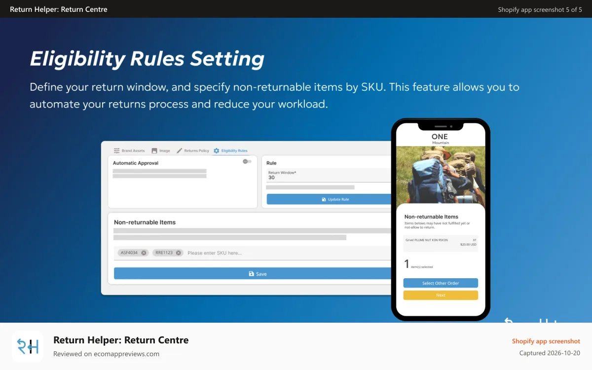 Return Helper: Return Centre Shopify app screenshot: Shopify return eligibility rules setting