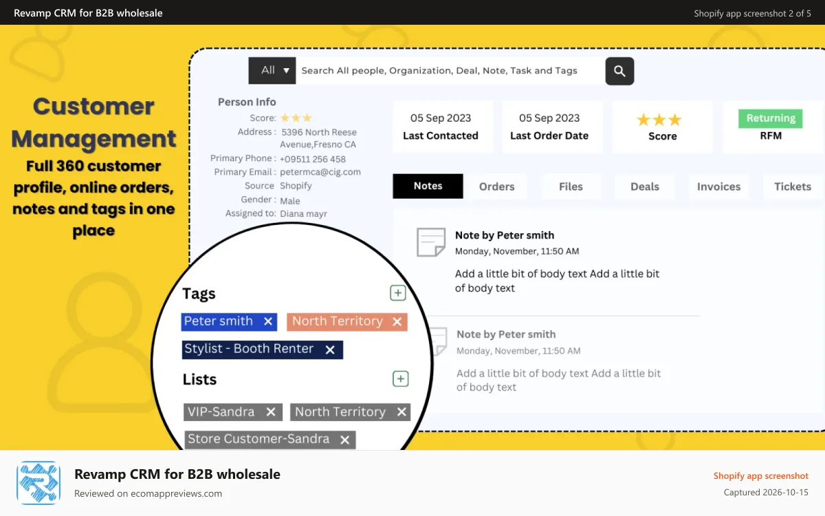 Revamp CRM for B2B wholesale Shopify app screenshot: 360 Customer Profile with Orders