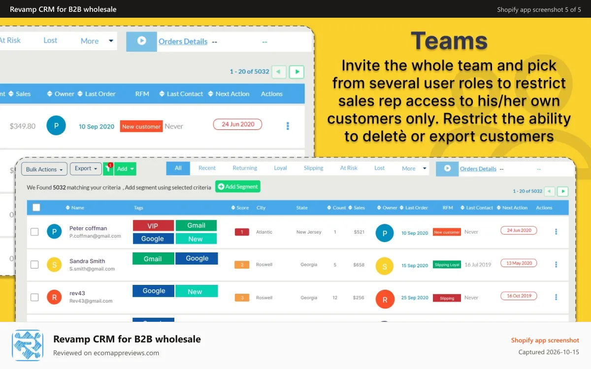 Revamp CRM for B2B wholesale Shopify app screenshot: Team