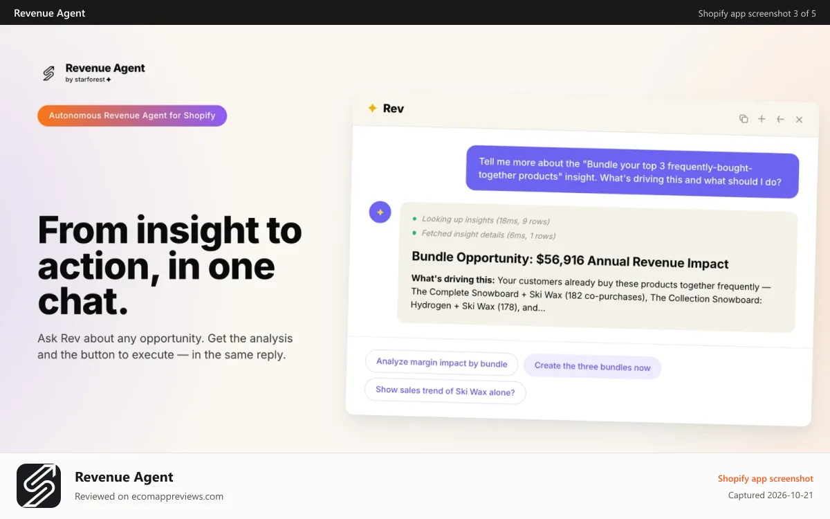 Revenue Agent Shopify app screenshot: Rev chat: bundle insight and buttons to execute in one reply
