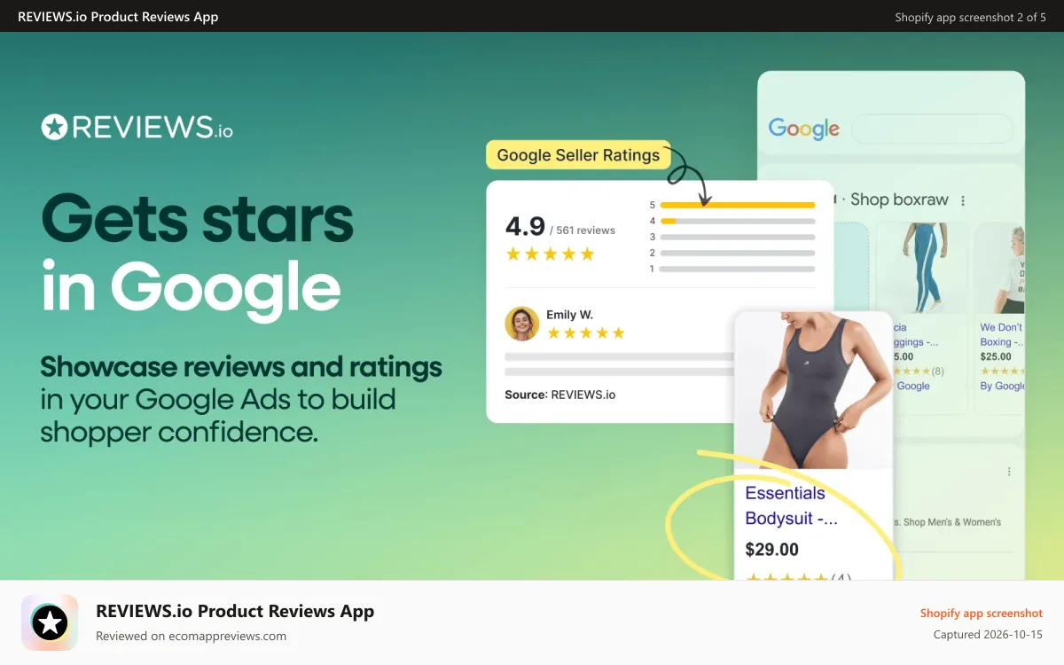 REVIEWS.io Product Reviews App Shopify app screenshot: Showcase Reviews and Ratings on Google