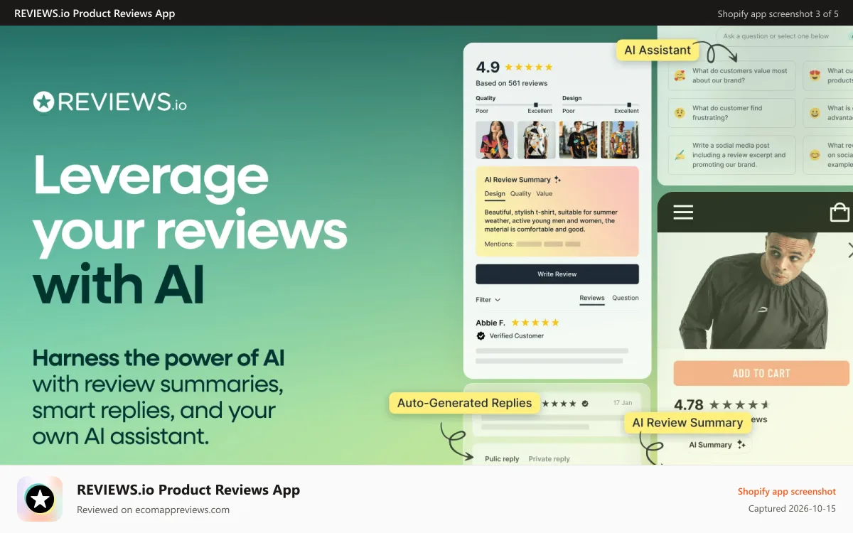REVIEWS.io Product Reviews App Shopify app screenshot: Leverage Reviews with AI