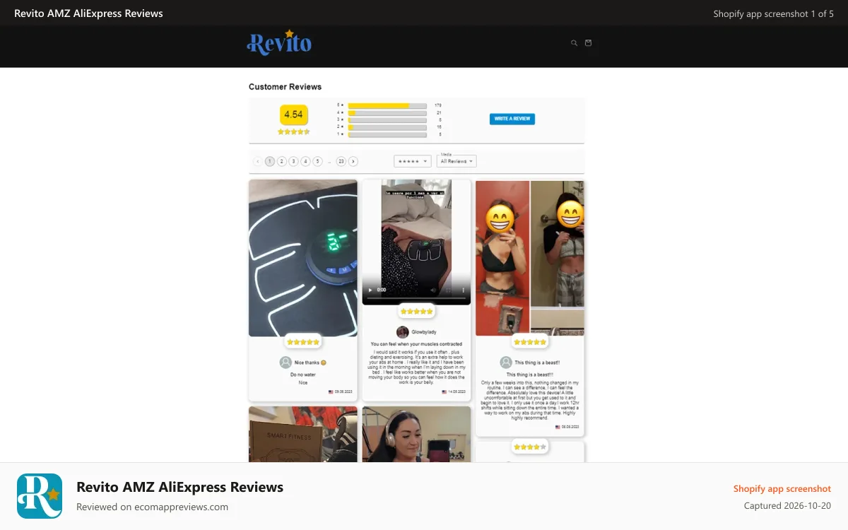 Revito AMZ AliExpress Reviews Shopify app screenshot: Import reviews with style