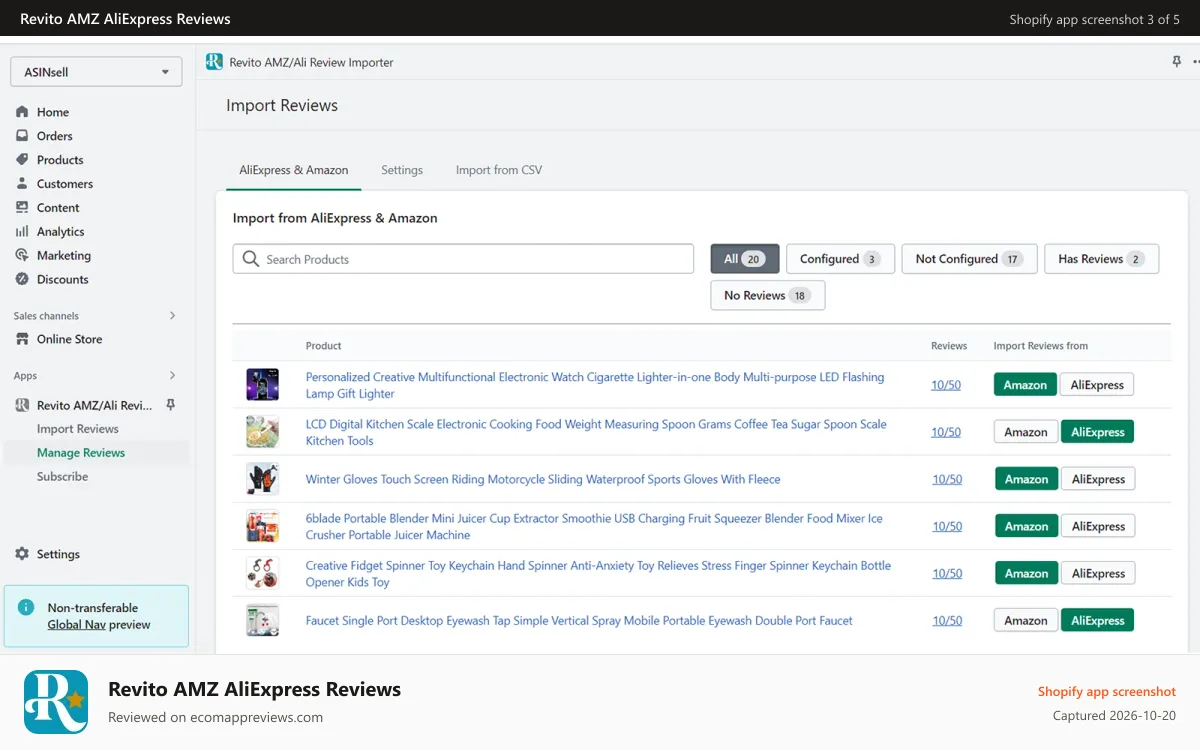 Revito AMZ AliExpress Reviews Shopify app screenshot: You can easily import reviews from AliExpress & Amazon