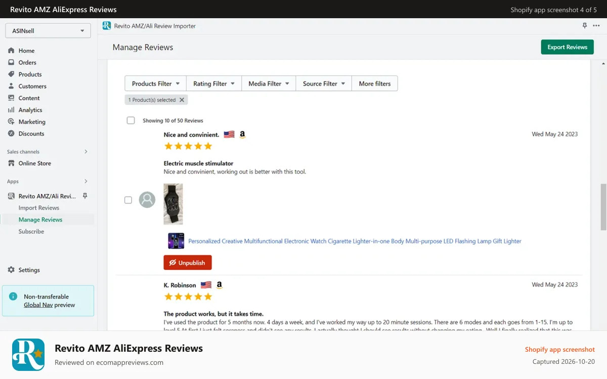 Revito AMZ AliExpress Reviews Shopify app screenshot: Manage reviews with Revito's clear and solid interface