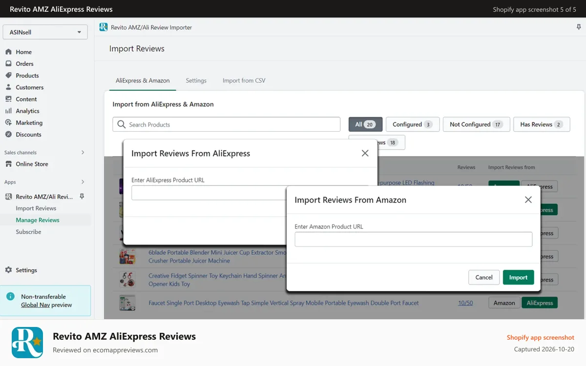Revito AMZ AliExpress Reviews Shopify app screenshot: Just write product URL and import reviews with one click